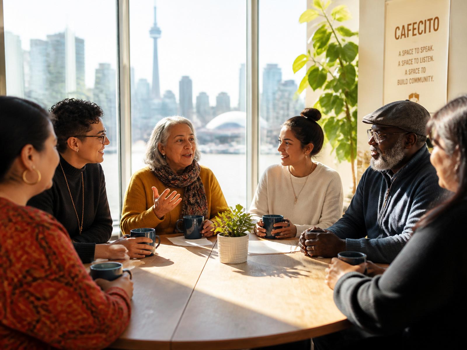 An intergenerational group sharing a Cafecito-style roundtable conversation overlooking Toronto